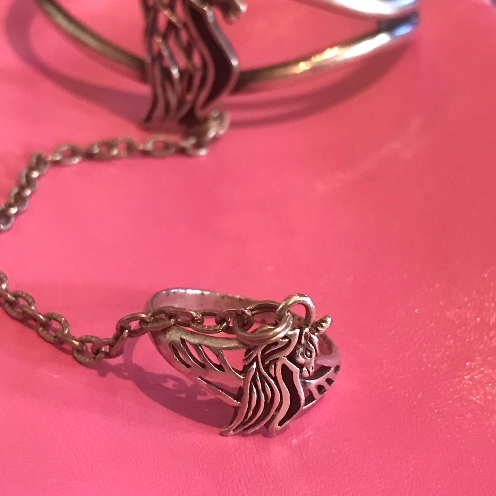 Unicorn slave bracelet connected to ring chain set silver vintage gypsy festival
